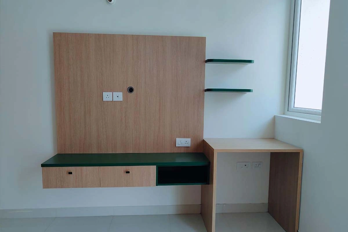 Contemporary bedroom interior makeover in Chennai with minimalistic design, cozy textures, and custom-made furniture.